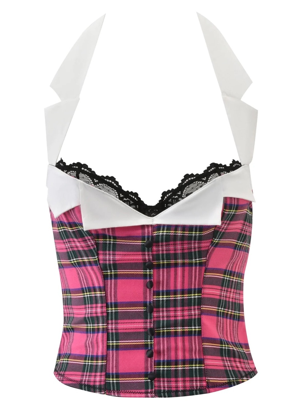 I.AM.GIA Pink Plaid Corset Top with Black Lace and White Halter Ties